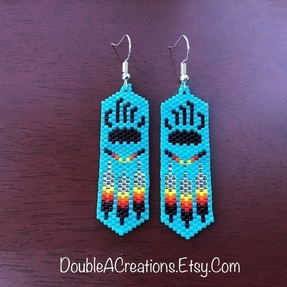 Bear Paw with Native Feathers Beaded Earrings, New, Handmade by Me - Picture 6 of 7